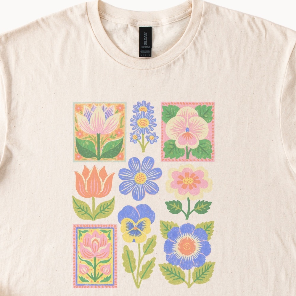 Nine Indian Botanical Flowers Blooming Across a Grid Tee